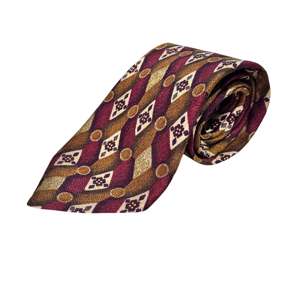 Ermenegildo Zegna‎ Silk Blend Geometric Diamond Floral Necktie Burgundy Gold